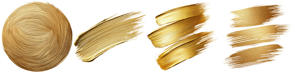 A collection of golden strokes and a circular texture, showcasing different brush techniques and variations of gold.