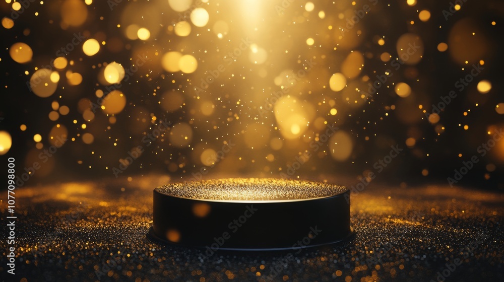 Poster golden particles suspended in the air create a magical atmosphere surrounding a dark circular platfo