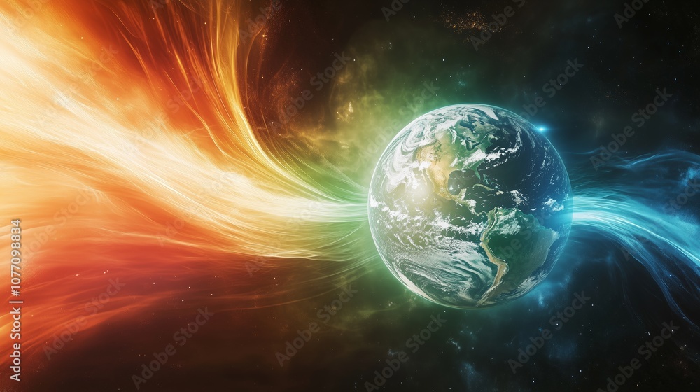 Poster earths gravitational fields being disturbed with flickering changes in light and color.