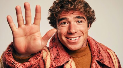 Friendly man waving goodbye with a smile.