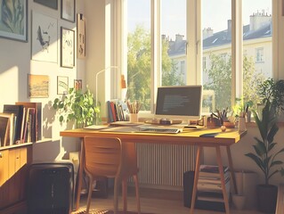 Fototapeta premium Cozy Home Learning Setup with Ergonomic Desk and Natural Lighting in Scandinavian Design