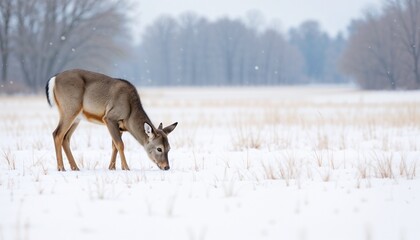 Naklejka premium Deer looking for grass under the snow in winter
