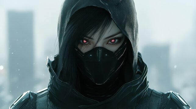 A mysterious cyberpunk asian female ninja with cover black face background wallpaper AI generated image