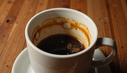 Fototapeta premium Empty coffee cup with remnants of coffee on a wooden table, evoking moments of relaxation and enjoyment
