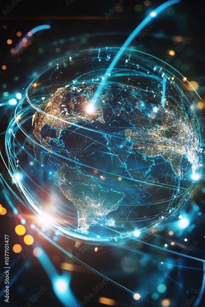 Poster global network and data exchange, planet earth rotating with light lines and colorful spots surround