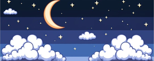 Ethereal moonlight illuminating fluffy clouds, surrounded by twinkling stars in a deep blue sky