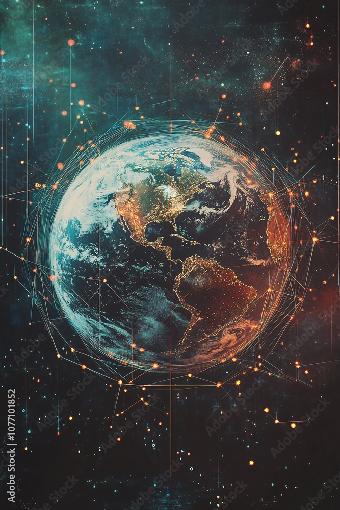 Poster Planet earth rotating in space with global network connections and data flow