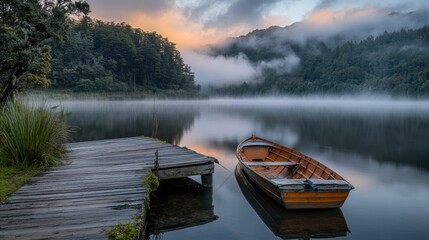 Obraz premium Wooden Rowboat Docked at a Wooden Pier on a Foggy Lake at Dusk