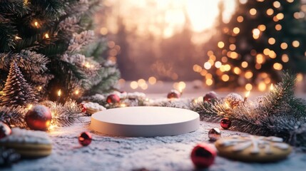 The scene captures a charming winter setting with fir trees, twinkling lights, and festive ornaments scattered around.