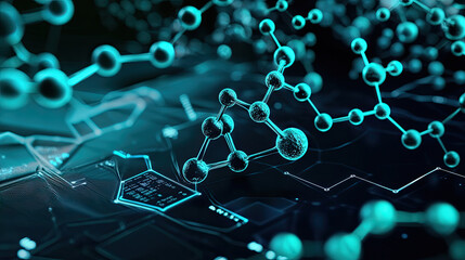 A futuristic visualization of molecular structures in vibrant turquoise, portraying connections in a digital landscape.