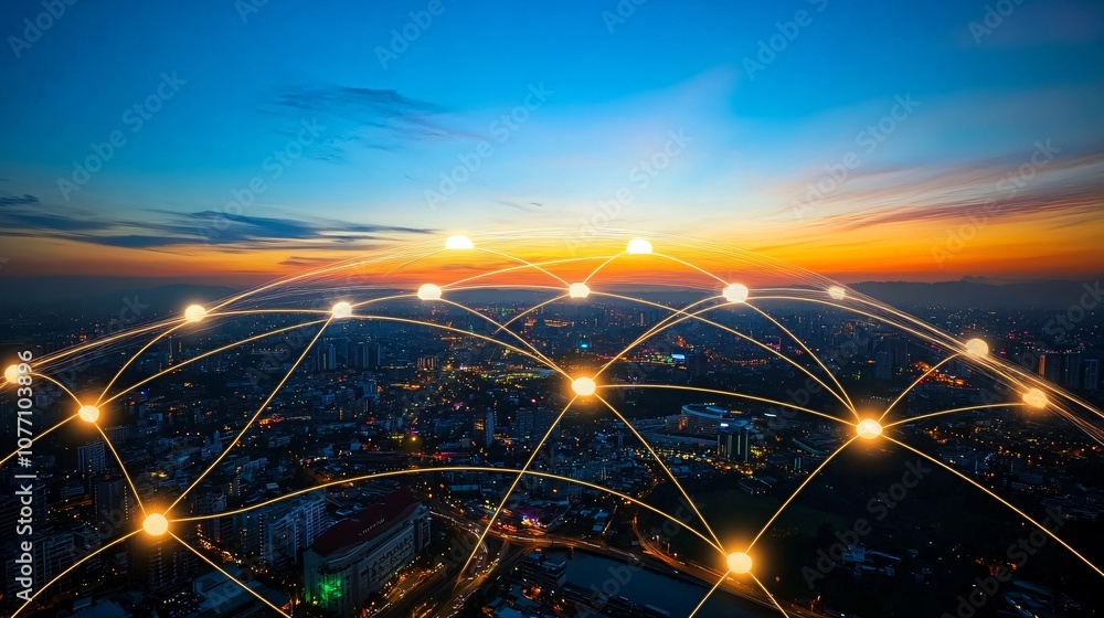 Poster network connecting points of illuminated city at sunset illustrating global communication