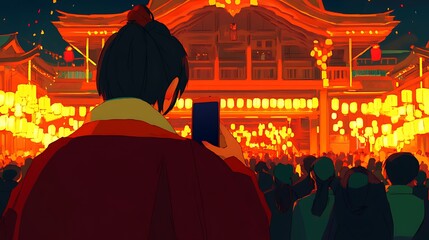 Obraz premium Person Capturing a Nighttime Festive Scene with Lanterns and a Crowd