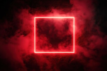 Glowing red neon square outline with thick, red smoke surrounding it against a dark background, creating a moody and futuristic atmosphere.