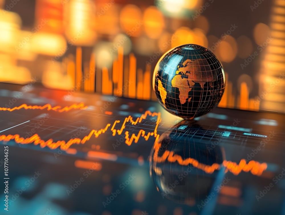 Aufkleber global business growth concept with a reflective globe on data-driven background illustrating econom