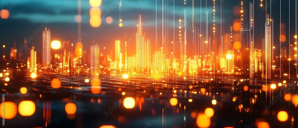 Poster vibrant abstract cityscape with bright lights and glowing elements representing technology and innov