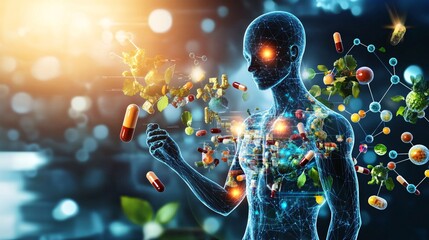 Digital human body analyzing food, medicine and natural remedies
