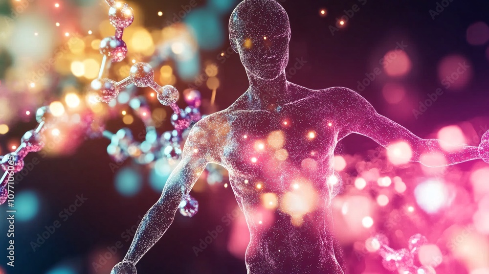 Poster human body exploring molecular structures and genetic data visualization