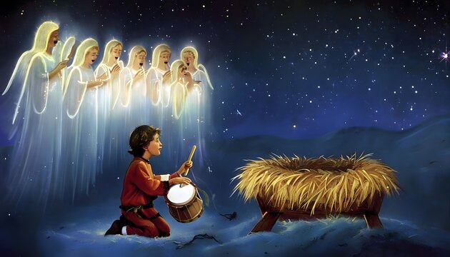 "The Little Drummer Boy and Angels Singing in Peaceful Bethlehem Scene Under the Starry Sky"