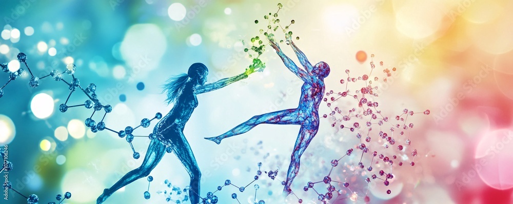 Poster glass human bodies exchanging molecular structures on colorful background