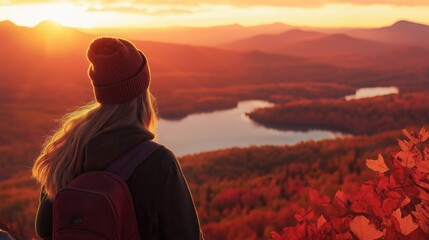 Fototapeta premium A person sits atop a rocky overlook, captivated by the vibrant colors of sunset reflecting on a tranquil lake, surrounded by fiery autumn foliage.