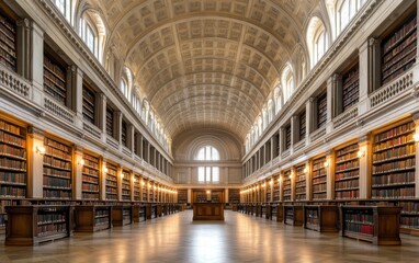 Fototapeta premium Elegant law library interior, rows of leather-bound books in rich wooden shelves and a central wooden desk
