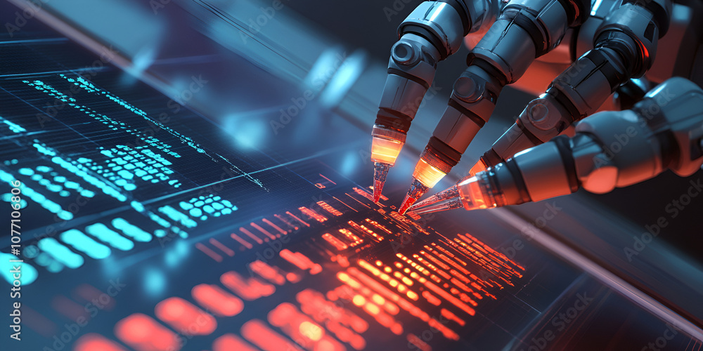 Aufkleber the robotic hand of data analysis: a sleek, metallic robotic hand analyzes data on a digital screen,