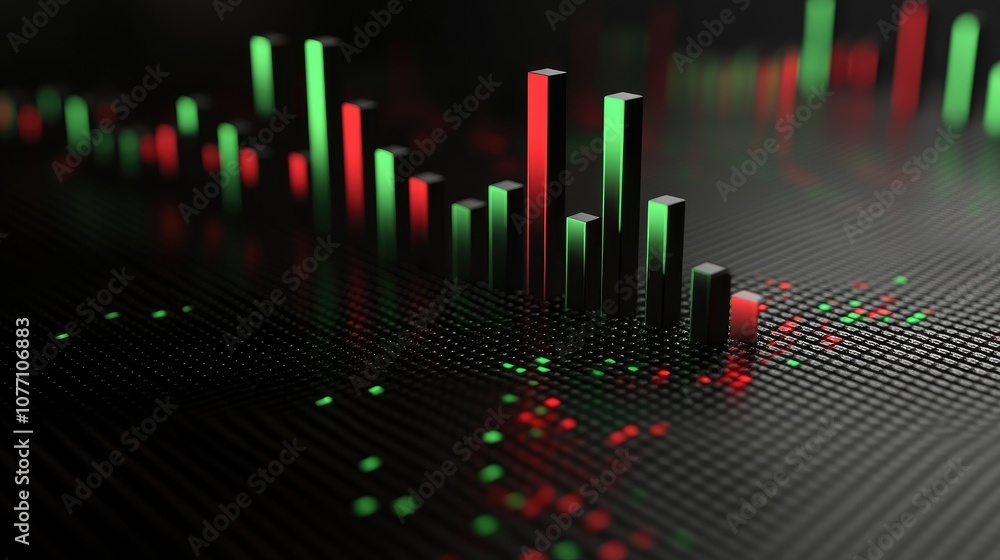 Poster Detailed Data Visualization of Stock Market Performance with Green and Red Candlestick Representations and Dynamic Graphical Elements on a Dark Background