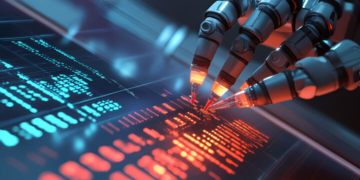 The Robotic Hand of Data Analysis: A sleek, metallic robotic hand analyzes data on a digital screen, a captivating illustration of AI in action. The image evokes a sense of efficiency, precision.
