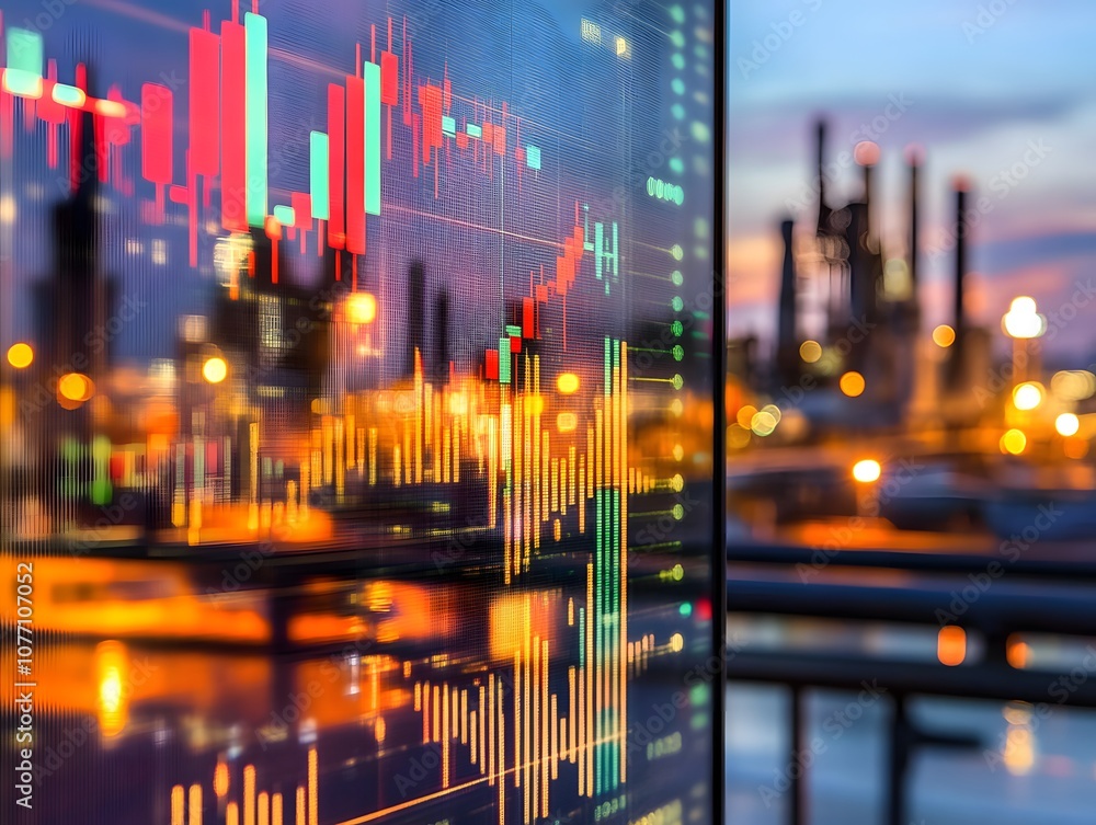 Poster visual representation of financial market trends with graphs and candlestick charts against a vibran