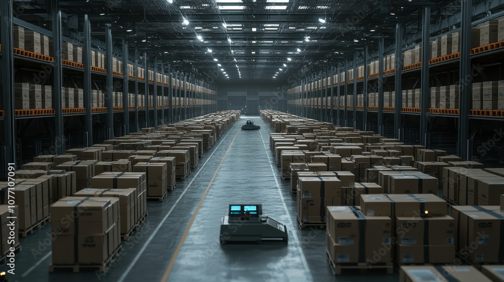 Poster automated warehouse with cardboard boxes and a robotic vehicle