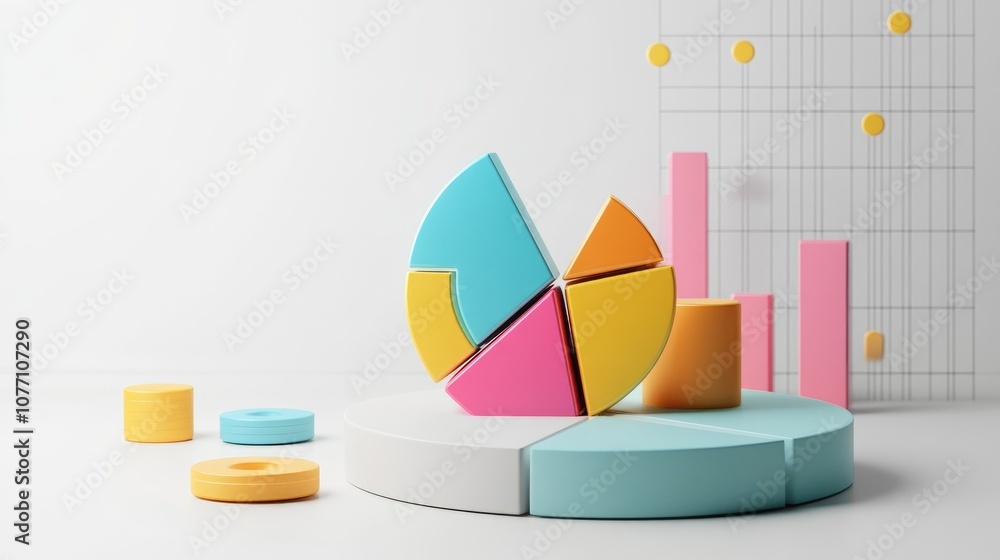 Poster abstract geometric composition with colorful pie chart segments and cylindrical shapes against a min