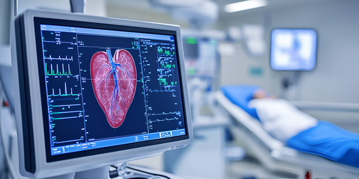 Cardiac Catheterization Procedure:  A close-up shot of a medical monitor displaying a 3D rendering of a heart during a cardiac catheterization procedure, with a blurred patient in the background.