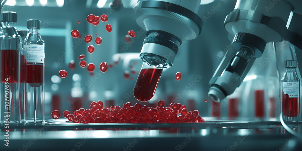 Poster automated precision: a sterile lab setting, featuring a robotic arm delicately dispensing crimson li