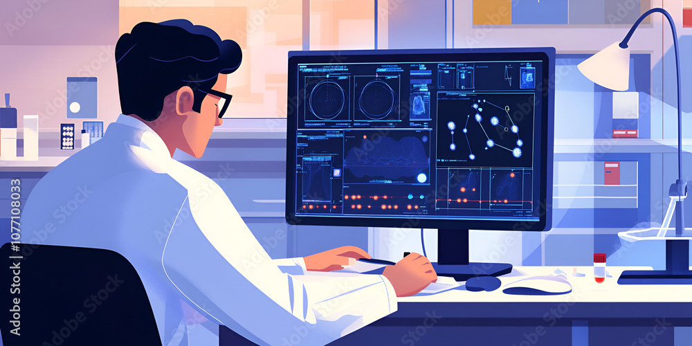 Poster scientist at work: a focused scientist in a sterile lab environment, meticulously analyzing data on 