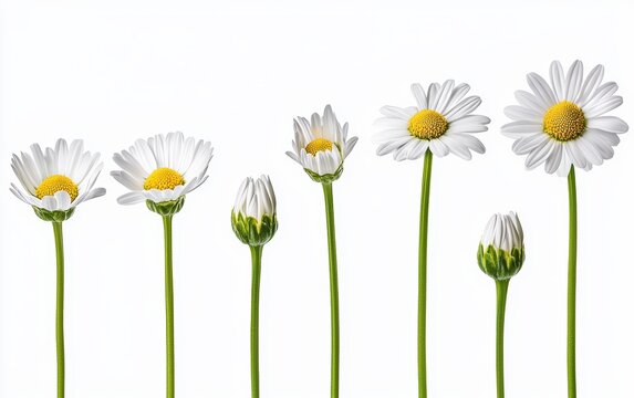 A blooming daisy progression, from bud to full flower, photorealistic and detailed, showcasing growth stages, isolated on white background