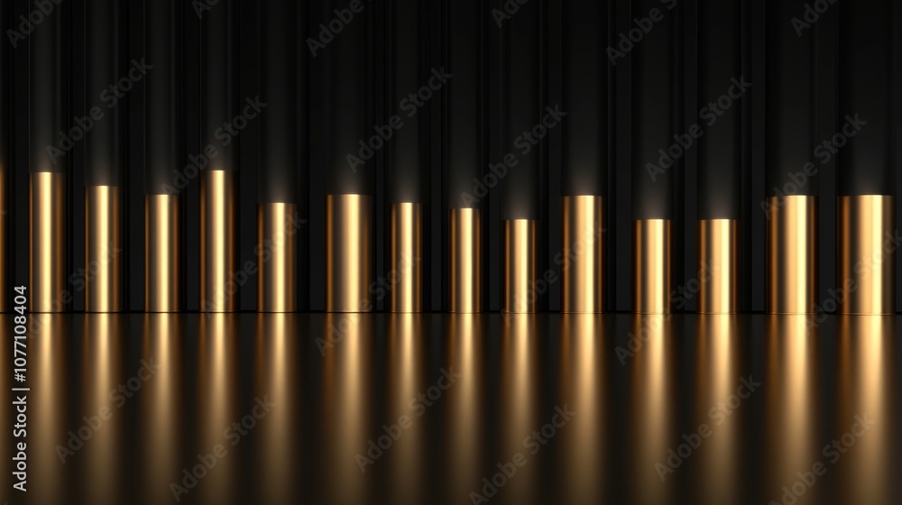 Fototapete Golden Cylinders on Black Background with Reflection, Creating an Elegant Visual Display of Light and Shadow in a Contemporary Artistic Setting