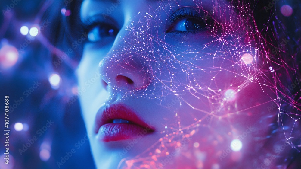 Poster woman showing futuristic web projected on face with lighting effect