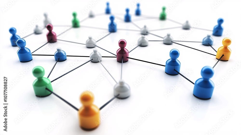 Poster network connecting colorful pawns representing team or social connection