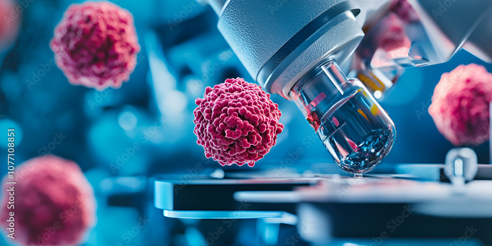 Poster microscopic examination of virus cells. advanced robotic microscope analyzing virus cells. cutting-e