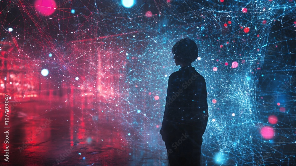 Aufkleber Scientist observing futuristic global network data flow visualization in augmented reality