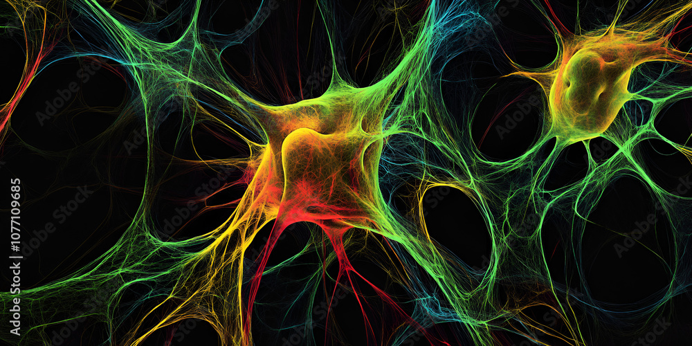 Poster neural network: a vibrant abstract illustration of a neural network, with interconnected nodes and g