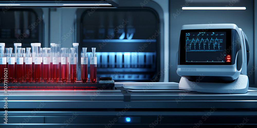 Poster futuristic lab: a sterile, futuristic laboratory setting with rows of red-filled test tubes on a sta