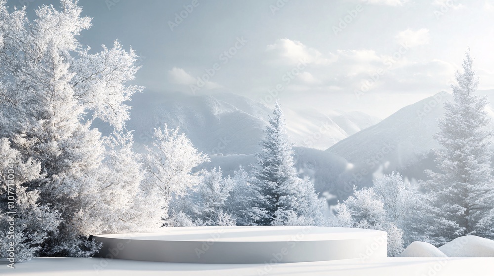 Aufkleber white podium displaying products on snowy mountain scenery with frost covered trees