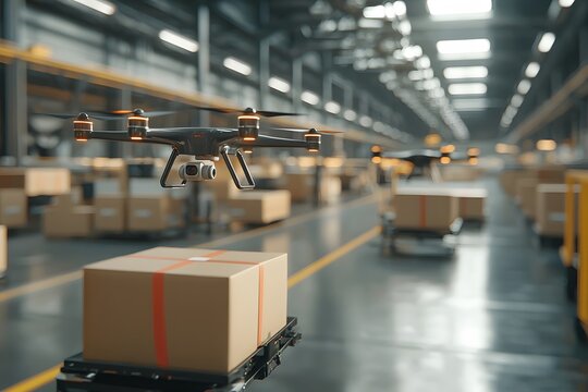Tech warehouse with automated drones loading packages &ndash; Showcasing advanced logistics, automation, and modern warehouse technology