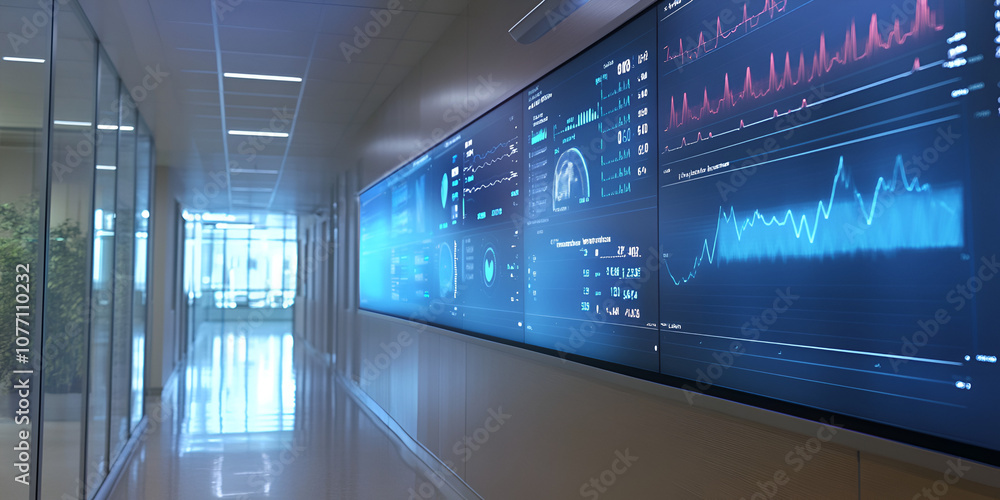 Poster data driven decisions: a contemporary office hallway features a large digital display showcasing rea