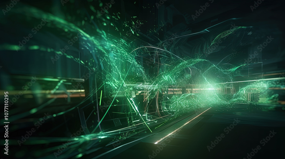 Poster Abstract light streaks in a dynamic digital space with glowing green elements