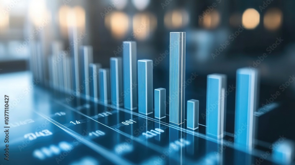 Poster 3d graph visualization of financial data with vertical bars displaying growth trends and metrics wit
