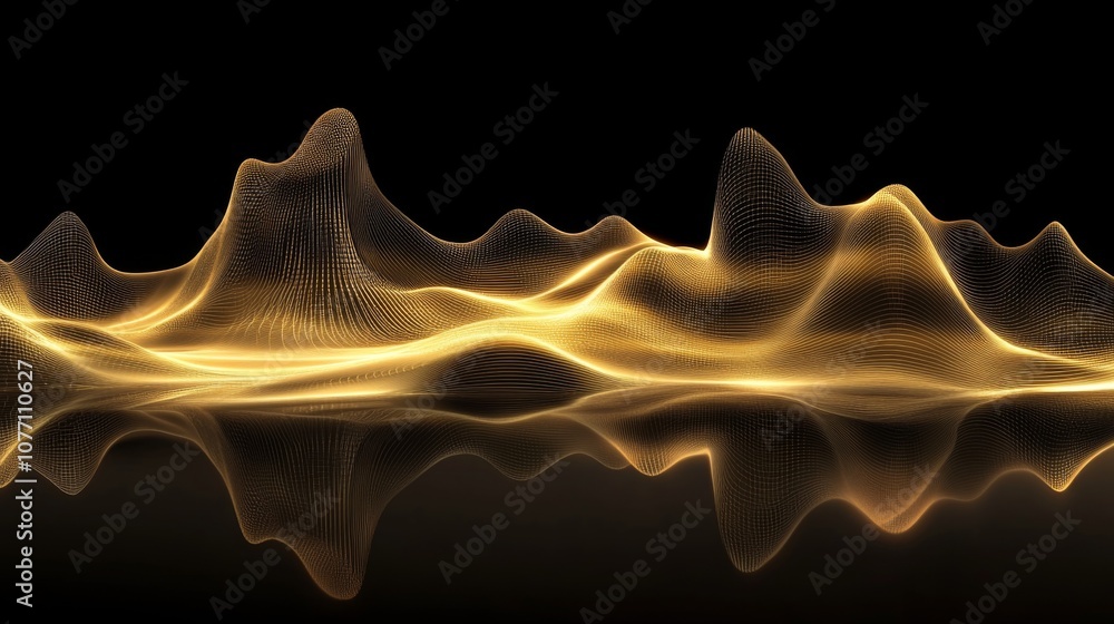 Poster Abstract golden wave pattern with flowing lines and reflections on dark background, creating a sense of depth and elegance ideal for modern design projects.