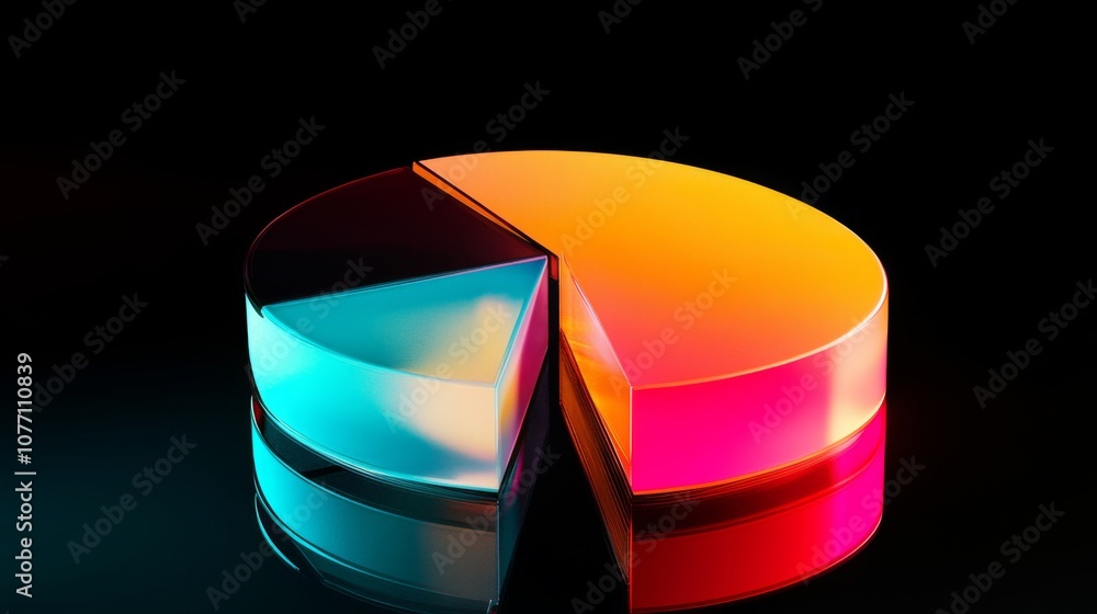 Poster colorful semi-transparent pie chart on a reflective surface with vibrant lighting creating a modern 