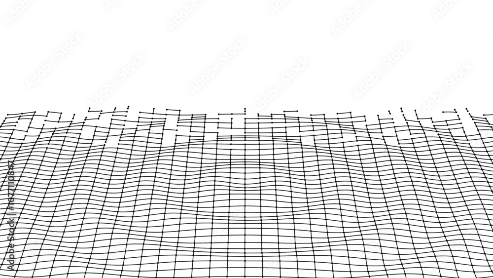 Poster Waves of particles. Lines technology background. Pattern for presentations. Liquid waves abstract template. Vector illustration